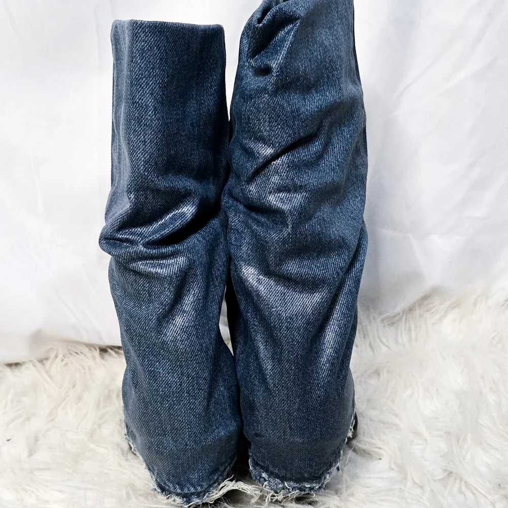 Diesel Denim Foldover Cowboy Boots Y2K 90s Grunge Pointed Toe - Picture 6 of 9